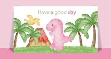 Watercolor cute Dinosaur cartoon post card vector