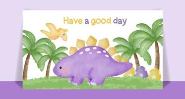 Watercolor cute Dinosaur cartoon post card vector