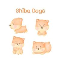 Watercolor shiba dogs set vector