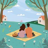 Couple Picnic On A Green Grass Looking To The Sky Concept vector
