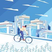 Hombre en bicicleta con el concepto de edificios de la ciudad futurista vector