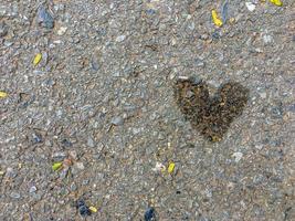 Textura abstracta y fondo de la carretera de cemento sucio de aceite lubricante del vehículo en forma de corazón con pequeñas hojas que caen alrededor foto