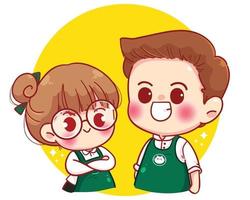 Cute Baristas in aprons standing with arms crossed cartoon character illustration