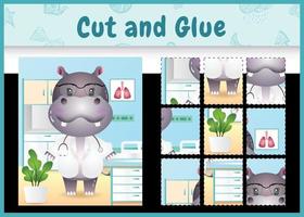 Children board game cut and glue with a cute hippo doctor character illustration vector