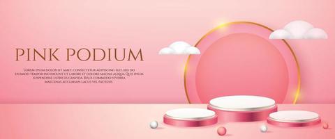 Banner de redes sociales con pantalla de producto 3d, podio rosa y nubes blancas. vector