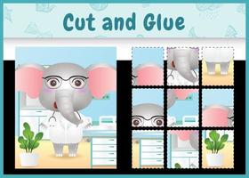 Children board game cut and glue with a cute elephant doctor character illustration vector