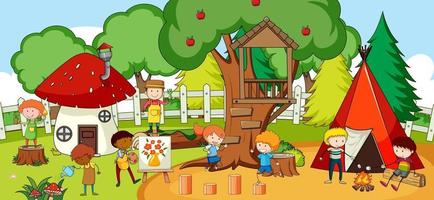 Scene with many kids doodle cartoon character in the park vector