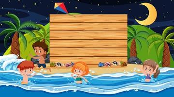 Niños en vacaciones de verano en la escena nocturna de la playa con una plantilla de banner de madera vacía vector