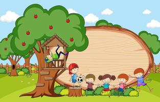 Park scene with blank wooden board in oval shape with kids doodle cartoon character vector