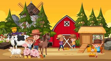 Farm scene with many kids cartoon character and farm animals vector