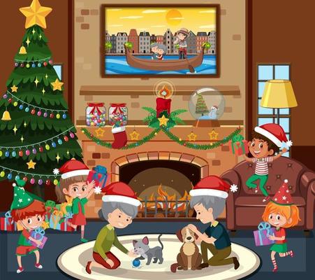 Happy family in Christmas theme in the living room scene