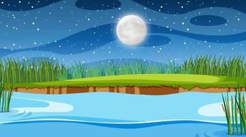 Nature forest landscape at night scene with long river flowing through the meadow vector