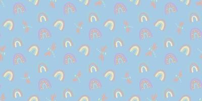 Cute rainbow and dragonfly seamless pattern. Scandinavian pattern in muted pastel colors. Hand-drawn vector illustration. Design for textiles, packaging, wrappers