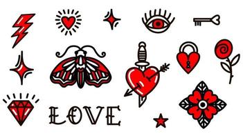 símbolos de amor del día de San Valentín en estilo de la vieja escuela. ilustración vectorial para el diseño del día de San Valentín, pegatinas, tatuajes vector