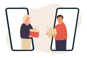 happy people giving gifts to each other vector
