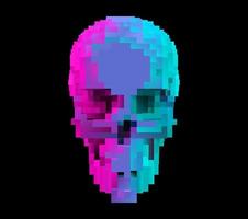 Vector futuristic 3D pixel skull, retro video game style symbol