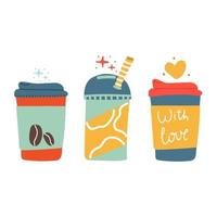 Hand drawn drink beverage set of coffee tea smoothie Flat illustration vector