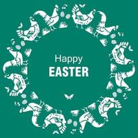 Happy Easter card with hens cocks eggs on green background vector