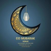 Eid mubarak invitation flat design template with pattern moon and lantern vector