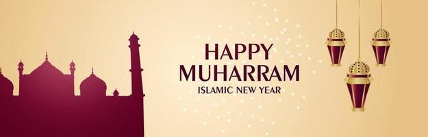 Happy muharram celebration banner or header with vector illustration of golden lantern