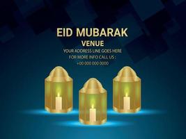 Eid mubarak invitation greeting card with vector illustration of golden lantern on creative background