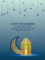 Islamic new year celebration greeting card with vector illustration of golden lantern and pattern moon