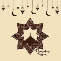 Ramadan kareem invitation greeting card with golden lantern on pattern background vector