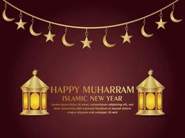 Happy muharram islamic golden lantern and moon on pattern moon vector