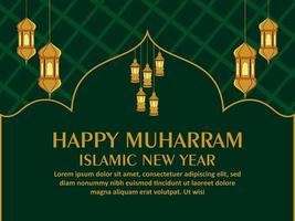 Happy muharram islamic golden lantern and moon on pattern moon vector