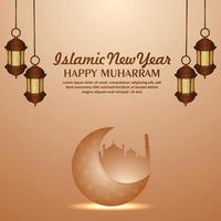 Beautiful islamic new year with realistic golden lantern and moon vector