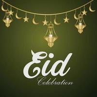 fondo realista de eid al fitr con linterna creativa y luna vector