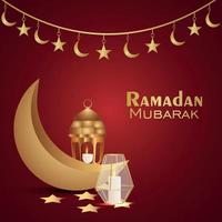 Realistic ramadan kareem celebration greeting card with golden moon and islamic lantern vector