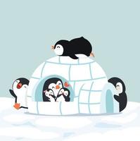 pingüinos lindos iglú casa de hielo en invierno vector