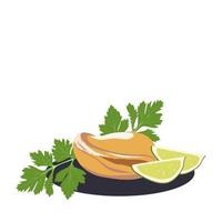 Mussels with parsley and lime on a plate vector