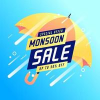 Oferta especial de monzón hasta 50 por ciento de descuento en banner. vector