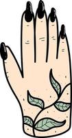 Doodle tattooed hand with black nails on an isolated background Sketch for a tattoo vector illustration