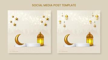 Ramadan or Eid mubarak square banner template with hanging ornaments and podium vector