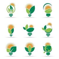 Green leaf and sun lightbulb logos vector