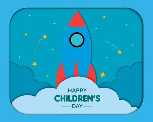 Happy Childrens Day Papercut With Rocket Cloud