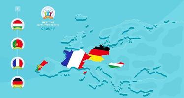 Ilustración de vector del campeonato de fútbol europeo 2020 del grupo f con un mapa de europa y la bandera de los países resaltados que calificaron para la etapa final y el signo del logotipo sobre fondo azul