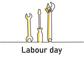 Single continuous line art screwdriver, wrench, spanner with lettering Labour Day. 1st May celebration. Happy Labour Day concept isolated on white background. Vector repair tools sketch illustration