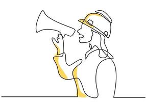 One continuous single line drawing of woman wearing hard hat holding megaphone. Energetic girl speaks excitedly into loudspeaker isolated on white background. Character female in loud statement vector