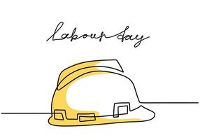 Happy Labour Day. One continuous line drawing of yellow hard hat with lettering Labour Day. Safety hard construction hat icon minimalist background, banner, poster. Vector illustration