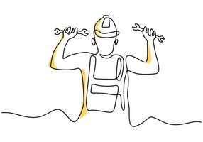 One continuous single line drawing of young man mechanic wearing hard hat and holding wrench set. Professional work job occupation minimalist concept. Happy Labour Day. Vector illustration