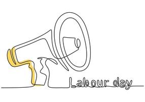 Continuous line drawing of Labour Day lettering with megaphone hand drawn line art minimalist design on white background. 1 May Labour Day greeting card or background. Vector illustration