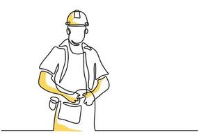 Single continuous line drawing of young handsome labour on uniform and hard hat isolated on white background.  Building construction service concept one line art minimalist style. Vector illustration