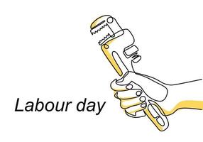 One continuous line drawing of the master's hand holds a wrench with lettering Labour Day isolated on white background.  1st may celebration. Auto service concept. Vector illustration