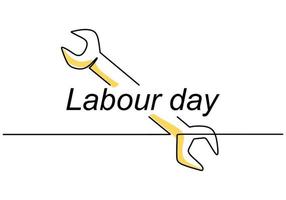 Single continuous line art screwdriver, wrench, spanner with lettering Labour Day. 1st May celebration. Happy Labour Day concept isolated on white background. Vector repair tools sketch illustration