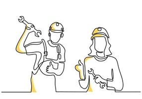 One continuous line drawing of young man and woman wearing hard hat. Young happy male and female building builder groups wearing helmet while standing pose. Great team work concept vector