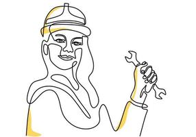 Continuous one line drawing of young woman mechanic wearing hard hat and standing pose while holding set of wrench. Professional job profession minimalist concept. Vector illustration